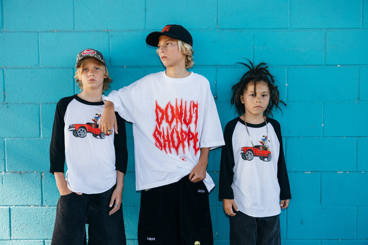 DONUT SHOPPE GANG COLLECTION - YOUTH RAGLAN WHITE BLACK