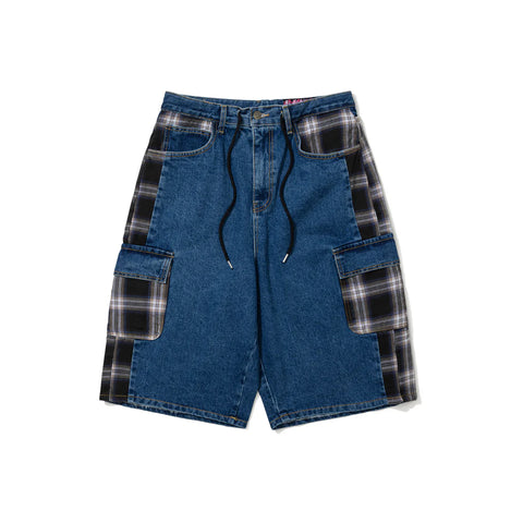 BS Rabbit Carpenter Loose Fit Cargo Denim Shorts Mixed Check Deep Blue