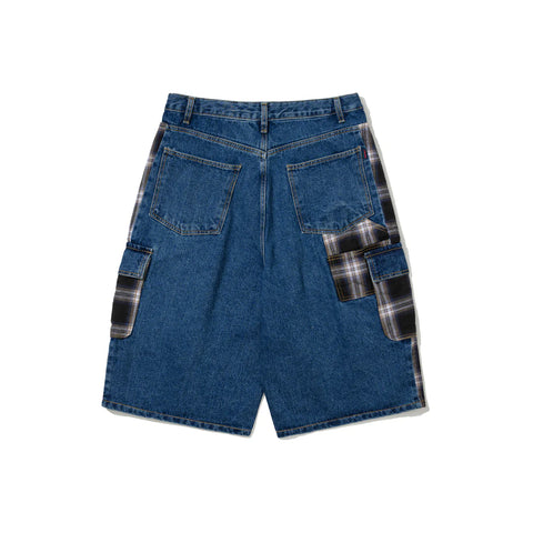 BS Rabbit Carpenter Loose Fit Cargo Denim Shorts Mixed Check Deep Blue
