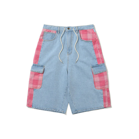 BS Rabbit Carpenter Loose Fit Cargo Denim Shorts Mixed Check Light Blue