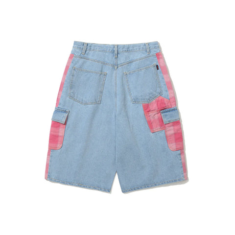BS Rabbit Carpenter Loose Fit Cargo Denim Shorts Mixed Check Light Blue