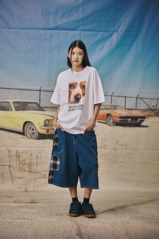 BS Rabbit Carpenter Loose Fit Cargo Denim Shorts Mixed Check Deep Blue