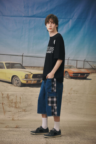 BS Rabbit Carpenter Loose Fit Cargo Denim Shorts Mixed Check Deep Blue