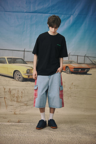 BS Rabbit Carpenter Loose Fit Cargo Denim Shorts Mixed Check Light Blue