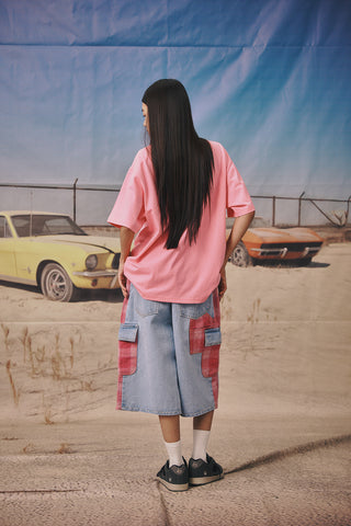 BS Rabbit Carpenter Loose Fit Cargo Denim Shorts Mixed Check Light Blue